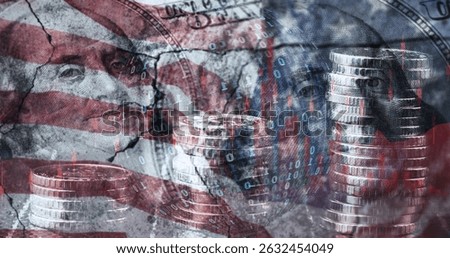 A conceptual image that superimposes elements of the US flag, dollars and binary code to symbolize economic or financial problems