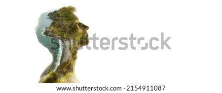 Conceptual image. Transparent silhouette of young man and beautiful island in ocean landscape isolated over white background. Double exposure effect. Concept of environment and human interaction