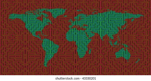 conceptual image of a world map and labyrinth