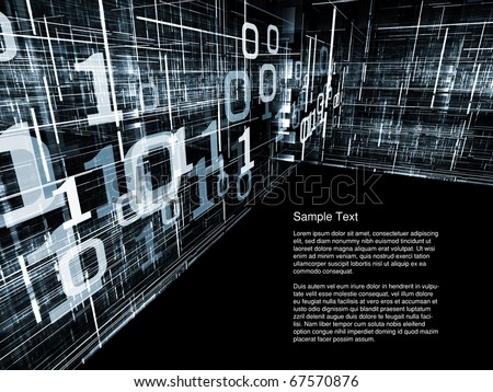 Conceptual interplay of perspective lines, shapes and symbols on the subject of business transactions, data processing, telecommunications and Internet.