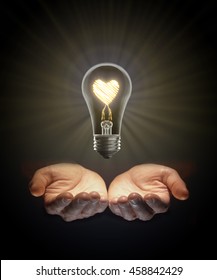 Conceptual Love Light Heart Shape Strong Powerful Bright Illuminated Lightbulb Glowing