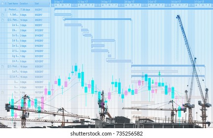 The conceptual multi exposure image of construction project with gantt chart and stock price movement graph in the concept of construction project management concerning timeline and financial status.  - Powered by Shutterstock