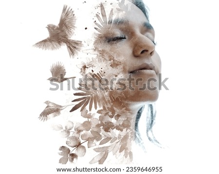 Similar – half of a girl’s face with a white lily and closed eyes