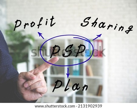 Conceptual photo about PSP Profit Sharing Plan . Interior of modern business office on an background.
