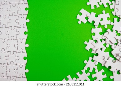 Conceptual Photo Of Copyspace Green Background Missing Jigsaw Puzzle. Image For Motivation, Inspiration And Consultation, Ideation Concept.