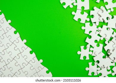 Conceptual Photo Of Copyspace Green Background Missing Jigsaw Puzzle. Image For Motivation, Inspiration And Consultation, Ideation Concept.