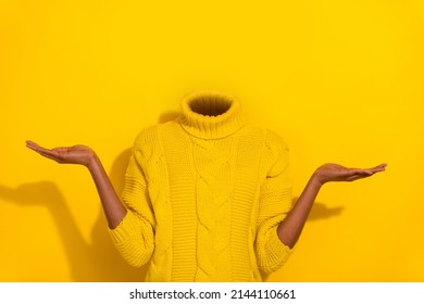 Conceptual photo image headless girl portrait raise two arms demonstrating novelty promotion no emotions just business isolated on yellow background - Shutterstock ID 2144110661
