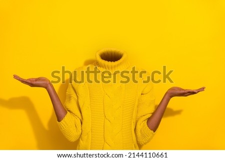 Conceptual photo image headless girl portrait raise two arms demonstrating novelty promotion no emotions just business isolated on yellow background
