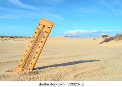 Conceptual Photo Picture of a Thermometer Object in the Dry Desert