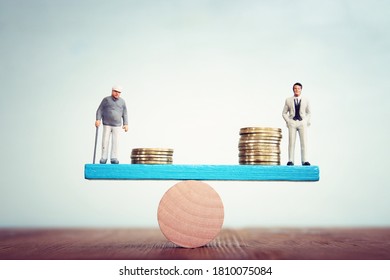 A Conceptual Picture Of Wise Investment And Proper Planning For Retirement. A Young Man And Senior, Standing On Scale