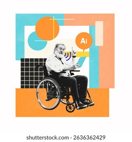 Conceptual pixel collage. Accessibility tech. Young man in wheelchair using tablet with AI speech bubble against vivid background. Concept of assistive tech, digital lifestyle, accessibility