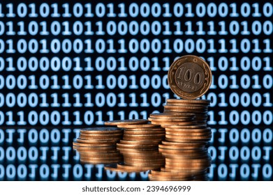 Conceptual plot on the theme of the digital Kazakhstani currency - tenge with a coin and a binary code