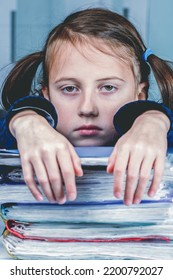 Conceptual Portrait Of Very Tired And Exhausted Young Female Employee Working Overtime Alone In Office Without Cariere Perspective And Additional Payments. Vertical Image.