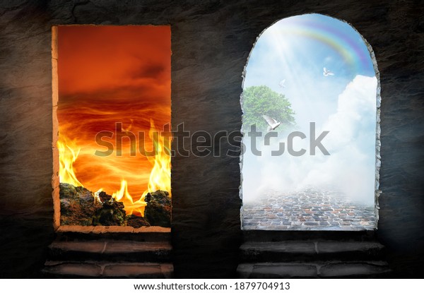 Conceptual purgatory portal to heaven and hell.\
Religious theme\
concept.