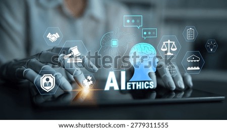 Conceptual representation of artificial intelligence ethics with digital visuals of brain, scales, and icons showcasing ethical considerations in technology Quark.
