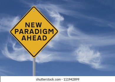 Conceptual road sign on change and paradigms (against a dramatic sky background)