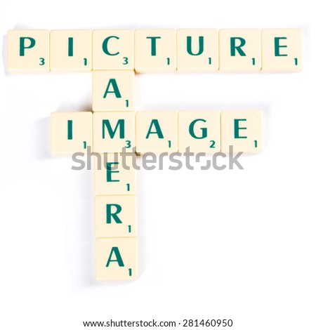Conceptual Scrabble Letter Tiles Forming Picture, Camera and Image Crosswords Against White Background.