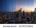 Conceptual, sliced day to night time lapse view of the financial office skyscrapers at the City of London, United Kingdom