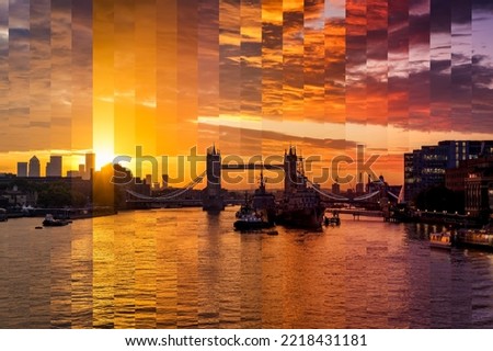 Conceptual, sliced time lapse view of a colorful sunrise behind the skyline of London, England, with Tower Bridge and River Thames