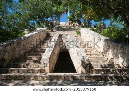 The conceptual stairs showing the entrance to the underworld and leading to the cemetery on a hill top (Playa del Carmen, Mexico).