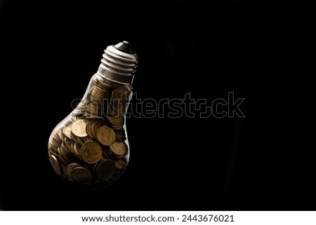 Conceptual story about the cost of Conceptual story about the cost of electricity in Kazakhstan with an incandescent light bulb filled with coins worth 1 Kazakh tengein Kazakhstan with an incandescent