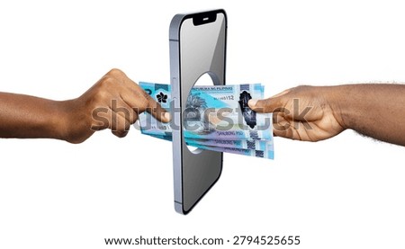 A conceptual studio image on a crisp white background shows a grey smartphone floating vertically. A prominent circular hole is cut through the middle of its screen and frame. From the right side, an arm passes a fan of light blue Philippine currency (1000 pesos polymer banknotes featuring the Philippine eagle) directly through the open cutout. On the left side, another hand reaches out to receive the cash, perfectly illustrating mobile digital money transfers and fintech solutions.