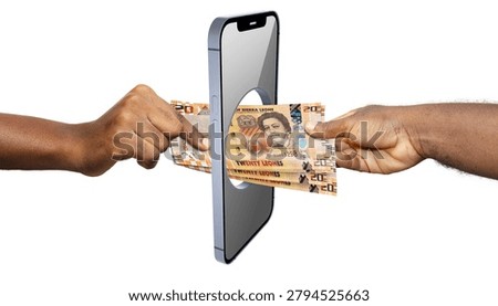 A conceptual studio image on a seamless white background shows a grey smartphone floating vertically. A large, clean circular hole is cut through the exact center of its screen and body. From the right side, an arm passes a fan of orange and brown Sierra Leonean currency (20 New Leones banknotes featuring Constance Cummings-John) directly through the cutout. On the left, another person's hand reaches out to receive the cash, visually representing mobile banking and digital money transfers.