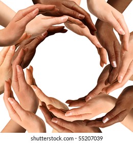 Conceptual Symbol Of Multiracial Human Hands Making A Circle On White Background With A Copy Space In The Middle