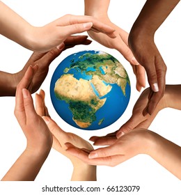 Conceptual symbol of multiracial human hands surrounding the Earth globe. Unity, world peace, humanity concept. Isolated on white background.