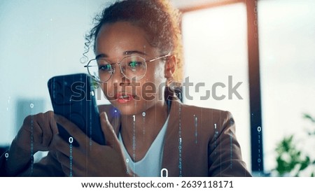 Conceptual visual of black woman using smartphones and digital data