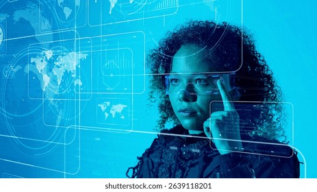 Conceptual visual of a foreign woman looking at a stereoscopic screen with smart glasses
