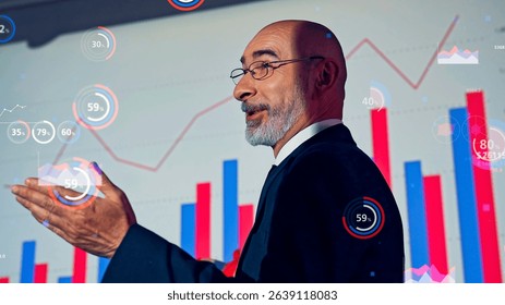 Conceptual visual of a middle-aged Caucasian man giving a presentation and statistical data - Powered by Shutterstock - Get 15% off with code: PIKWIZARD15