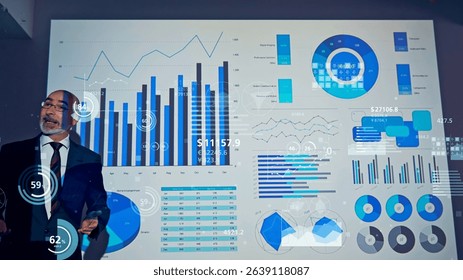 Conceptual visual of a middle-aged Caucasian man giving a presentation and statistical data - Powered by Shutterstock - Get 15% off with code: PIKWIZARD15