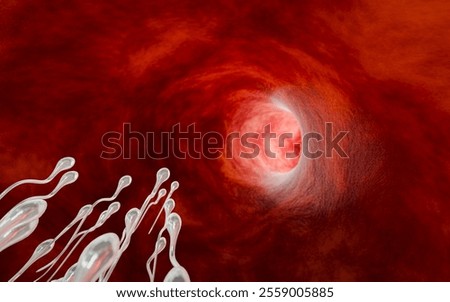 Conceptual Visualization of Human Conception, Sperm Cells Reaching Egg Cell, Fertility Science, Reproductive Health and Genetic Research in Biological System, 3D Rendering
