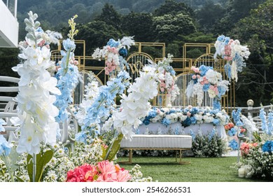 Conceptual of wedding decoration. Inspirational with pastel flower colour and white chair.  Dinner. Family gathering decoration concept.  - Powered by Shutterstock - Get 15% off with code: PIKWIZARD15