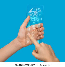 Conceptually Transparent Mobile Phone Of The Future With A Hologram In Hand