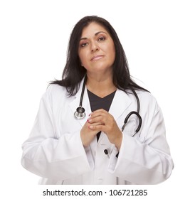 Concerned Female Hispanic Doctor Or Nurse Isolated On A White Background.