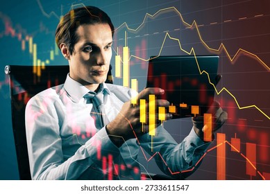 Concerned trader using tablet with financial charts and red downward arrows overlay, light background, concept of market crash and investment loss