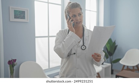 A concerned woman doctor in a white coat examines a document while talking on a smartphone in a bright clinic room. - Powered by Shutterstock