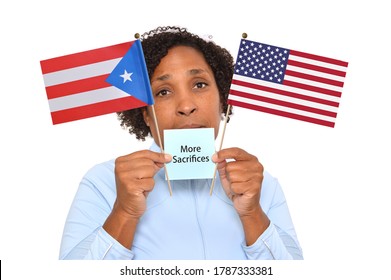 Concerned Woman Holding USA And Puerto Rico Flag And Blue Note On White Background