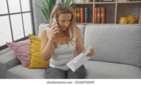 A concerned woman talks on the phone while reading a paper, sitting on a sofa in a living room. - Powered by Shutterstock