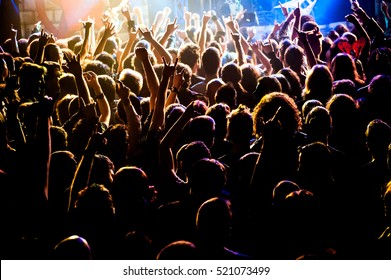 Concert Crowd. Hands Up, Rock Music Event