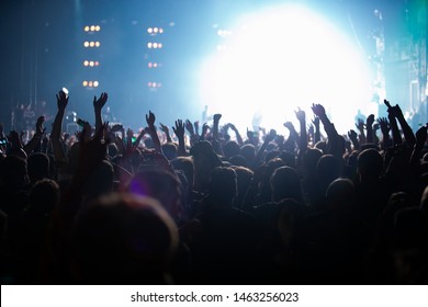 Concert Crowd Partying On Electronic Music Festivals. Group Of Happy Young People Having Fun On Outdoor Summer Festival. Background For Poster With Rock Concerts Audience Partying. 