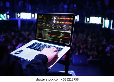 Concert Dj Mixing Music On Serato DJ Software On Apple Macbook Pro Computer. Professional Disc Jockey Playing Electronic Music Set On Party In Night Club. KYIV-5 NOVEMBER,2016