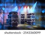 Concert equipment in transport boxes. Containers on wheels on stage. Flightcase under spotlights. Wooden containers with concert equipment. ATA chests. Musical equipment in black containers