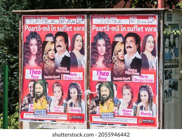 Concert Posters With The Most Famous Romanian Singers On The Wall, On The Street. Wall With Concert Posters For Live Music. Bucharest, Romania, August 19, 2021