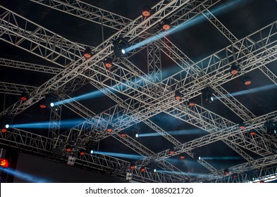 Concert Stage Spot Lighting Rigging Structure For A Live Musical Theatre Event Led Lighting Devices Under Roof.