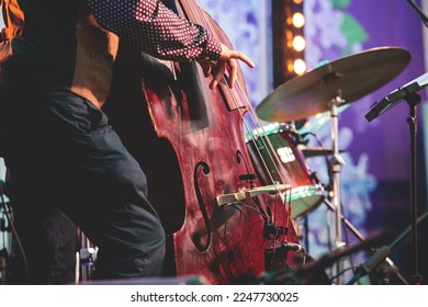 Concert view of contrabass violoncello player with musical band during jazz orchestra band performing music, violoncellist contrabassist cello jazz player on stage
					