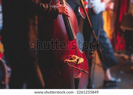 Concert view of a contrabass violoncello player with vocalist and musical band during jazz orchestra band performing music, violoncellist cello jazz player on stage
