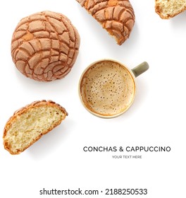 Conchas and capuccino sweet mexican bread, traditional bakery.Food concept. Macro  concept.